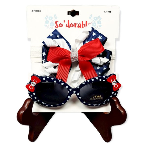 NWT 0-12M GIRL'S PATRIOTIC SUNGLASSES & MATCHING BOW - Picture 2 of 8